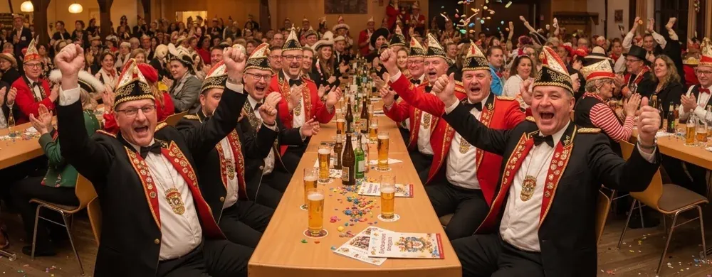 Begeistertes Publikum auf einer Karnevalssitzung applaudiert und schunkelt im Saal