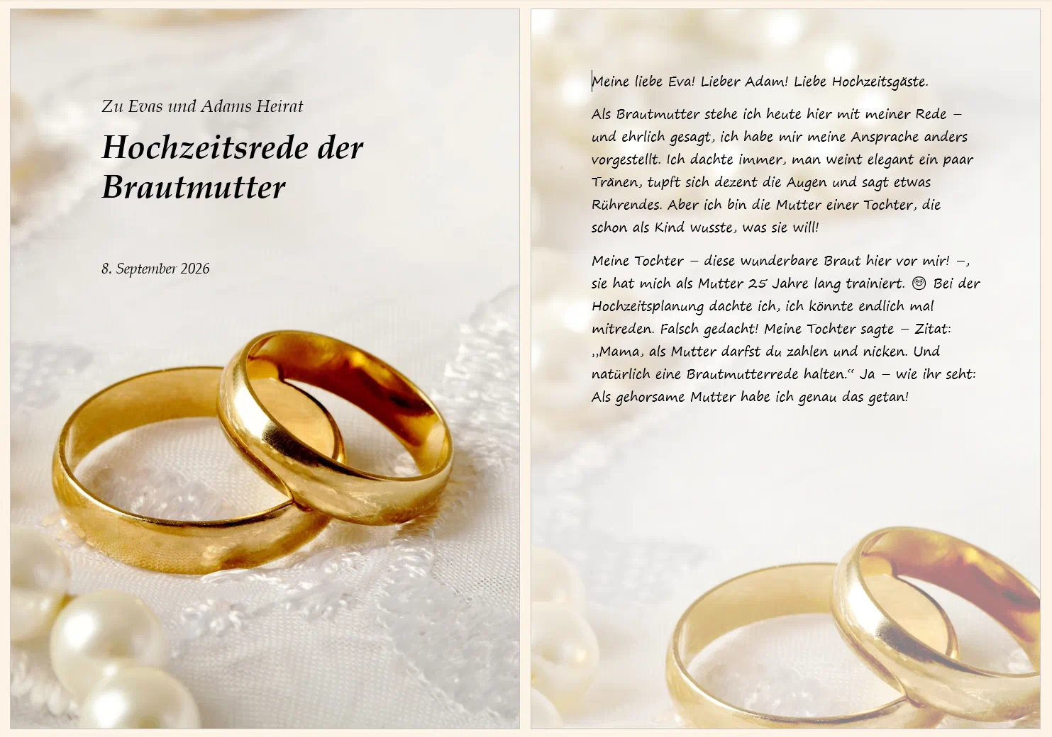 Hochzeitsrede als Brautmutter gedruckt