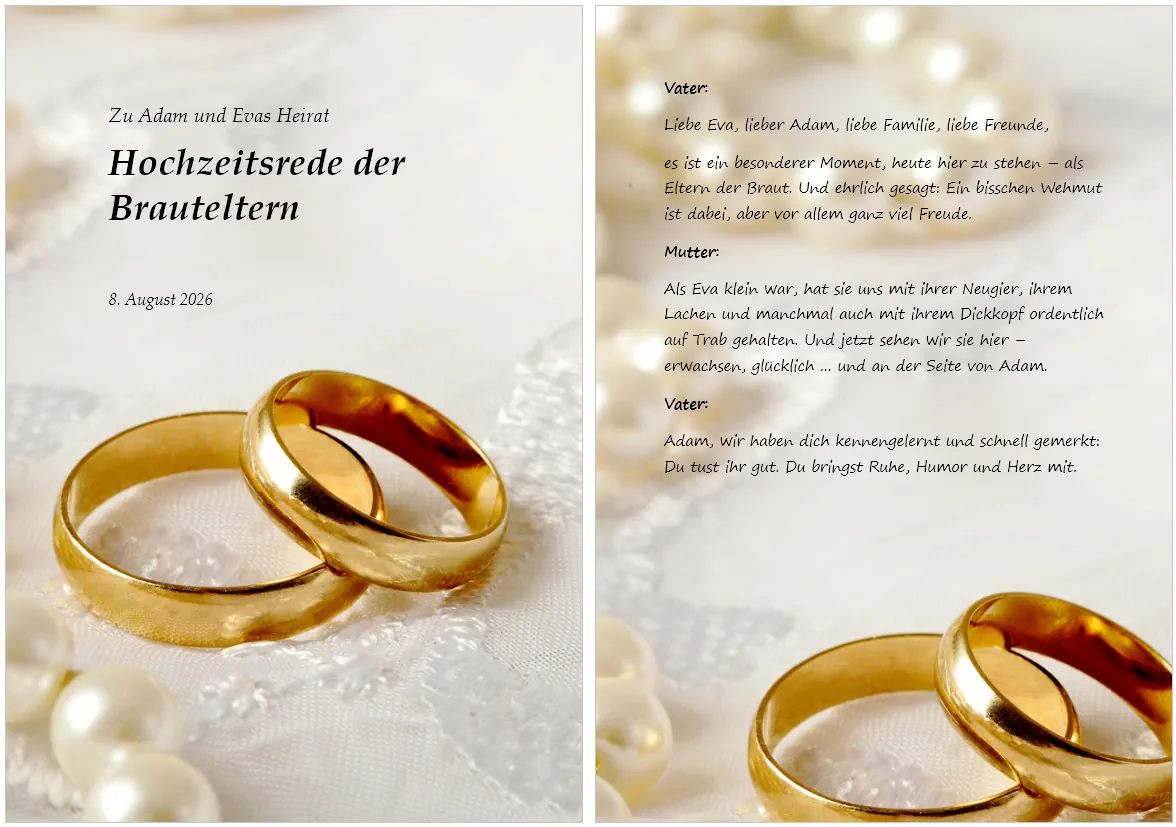 Hochzeitsrede der Brauteltern als edler Schmuckdruck auf Festtisch